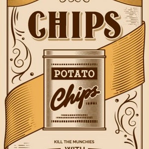 Könnte beinhalten: Ein Vintage-Plakat, das für Kartoffelchips wirbt. Das Plakat ist in Braun- und Gelbtönen gehalten und zeigt eine stilisierte Illustration einer Dose Kartoffelchips. Der Text auf dem Plakat lautet "Potato Chips" und "Kill the munchies with the crunchies!"