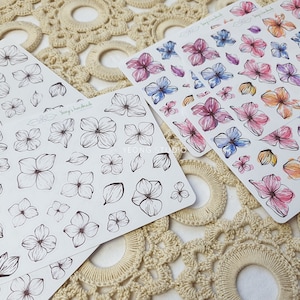 Könnte beinhalten: Drei Blätter mit Aufklebern mit verschiedenen Blumendesigns. Das erste Blatt zeigt schwarz-weiße Umrisszeichnungen von Blumen. Das zweite und dritte Blatt zeigen Aquarellblumen in Rosatönen, Blau und Orange.