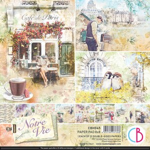 May include: A paper pad with a collage of Parisian scenes, including a cafe with the text "Café de Paris", a person reading a newspaper, and a cup of coffee. The pad also features the text "Notre Vie" and "CBH045 PAPER PAD 8x8".