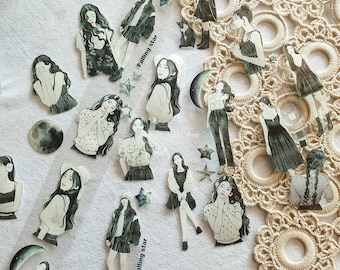 May include: A set of black and white stickers featuring illustrations of women with different hairstyles and outfits. The stickers have a whimsical and stylish aesthetic. The text "Falling Star" appears on one of the stickers.