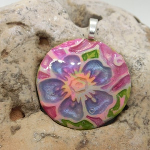 Stamped clay flower pendant, Blue, Pink, Pendant or necklace, Polymer clay, resin, Spring fashion, gifts for her, for mom, Nature jewelry