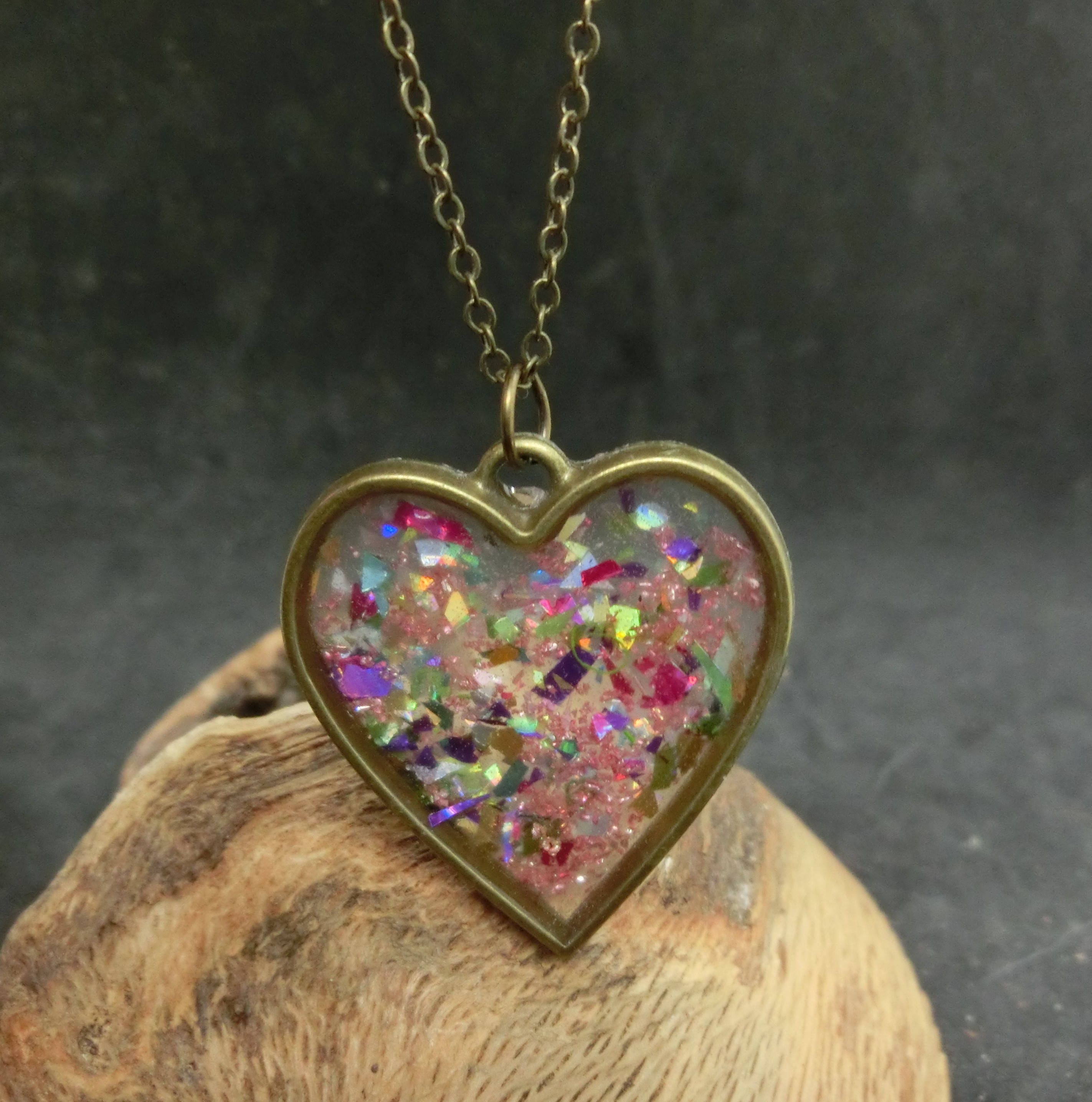 Brass heart w clear resin and holographic flecks Necklace 20inch Valentines Day love friendship  resin jewelry  clear resin