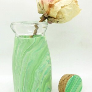 Light Green Glass Milk Bottle, Marbled polymer clay, glass bottle with cork, pastel green, swirls, home decor, spring decor, flower vase