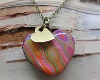 Wooden heart, brass charm Necklace, handmade clay design. Colorful. Fine brass chain. Valentines Day, love, friendship