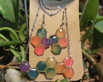 Rainbow honeycomb necklace & earring set, translucent, hexagons. Dangle earrings