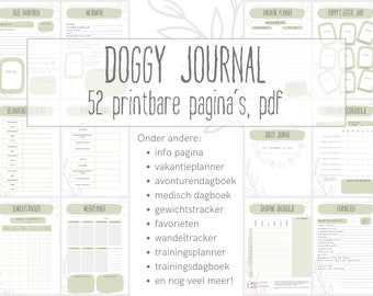 Doggy Journal Printable, Nederlands, 52 pagina's, mosgroen, digital pdf, Dog Planner, Puppy Planner, Trainingsdagboek, Trainingsplanner