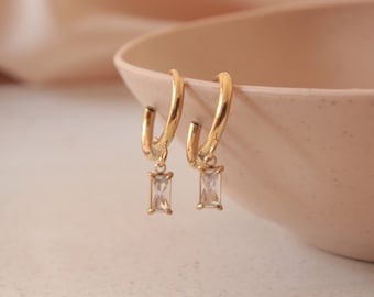 Delicate hanging earrings with zirconia pendants, small gold hoop earrings with CZ stone