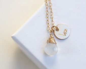 Moonstone necklace with engraving, personalized necklace with engraving plate