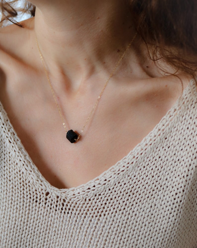 Raw Black Tourmaline Pendant, Tourmaline Crystal Gold Necklace, Dainty Gemstone Jewelry, image 1