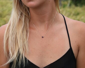 Gold necklace with garnet stone, delicate gold necklace, choker with pendants