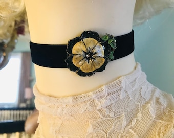 Black/Gold Morning Glory Flower Choker in Black Velvet, Handcrafted Floral Necklace