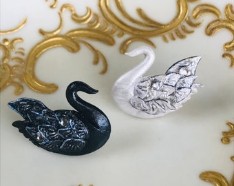 Black & White Swan Earrings, Silver Swan Earrings, Bird Earrings, Polymer Clay Swan Earrings