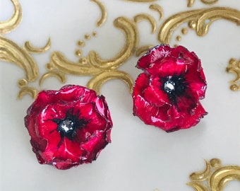 Red Poppy Flower Earring Posts, Rhinestone Flower Earrings, Polymer Clay Red Flower Earrings, Bridal Earrings, Handcrafted Floral Jewelry