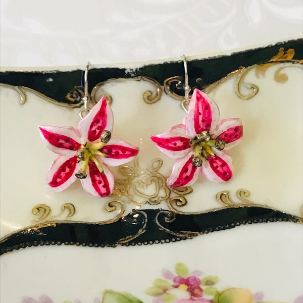 Pink Oriental Lily Earrings, Polymer Clay Lily Flower Earrings, Silver Lily Earrings, Handcrafted Botanical Jewelry