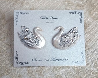 Pearl White Swan Earrings, Rhinestone Swan Earrings, Polymer Clay Hand-Painted Bird Earrings, Silver Swan Earrings, Romantic Bridal Earrings