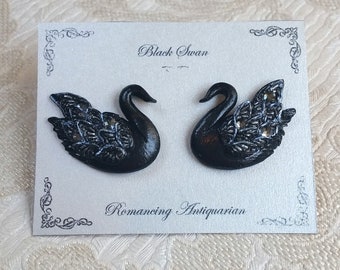 Black Swan Earrings, Silver Swan Earring Posts, Polymer Clay Bird Earrings, Rhinestone Swan