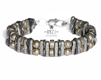 Double bracelet in pyrite, African vinyl and SILVER plated INZ-I - Steeve model