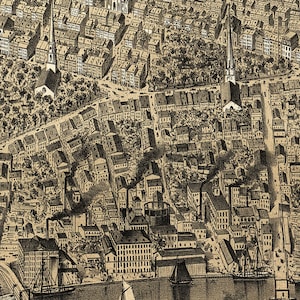 Victorian Era Panoramic Cityscape, Bird&#39;s-eye view, Vintage Art Print, Wall Art, Canvas Print, Wooden Wall Hanging Oak Hanger Poster Frame