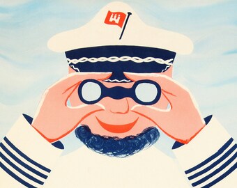 Mid Century Modern Print, Travel Poster, Hamburg, Germany, Sailor, Beard, Tunic, Retro Illustration, Canvas Wooden Poster Hanger, Wanderlust