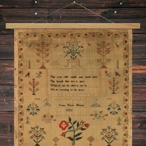 Macabre Georgian Needlework Sampler Print on Canvas, Vintage Art Print, Wall Art, Wooden Wall Hanging Oak Hanger Poster Frame, Mortality