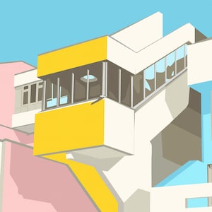 Brutalist Print, Brutalism, Architecture, Midcentury Cityscape Illustration, Modern Home Decor, Retro Wall Art Canvas, Wooden Poster Hanger