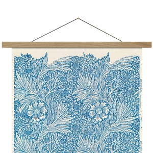 William Morris, Canvas Print with Oak Hanger Frame, Blue Marigold pattern, Arts Crafts, Bedroom Decor, Wall Art, Wooden Wall Hanging Banner