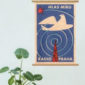 Mid Century Modern Peace Dove Canvas Print: Radio Prague, Oak Frame