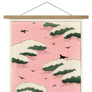 Pink Sky Illustration, Clouds, Birds, Canvas Print with Oak Hanger Frame, Watanabe Seitei, Bedroom Decor, Wall Art, Wall Hanging Banner Kit
