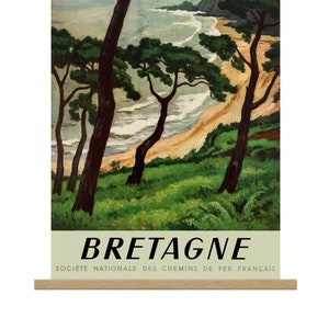 Brittany Coast Travel Poster: Mid-Century Modern Art Print with Oak Frame