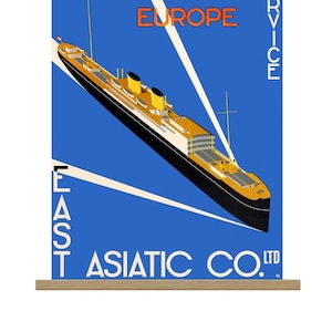 Art Deco Print, Cruise Liner, Danish East Asiatic Ship, Wanderlust Travel Poster, Retro 1930s Illustration, Canvas Oak Poster Hanging Frame