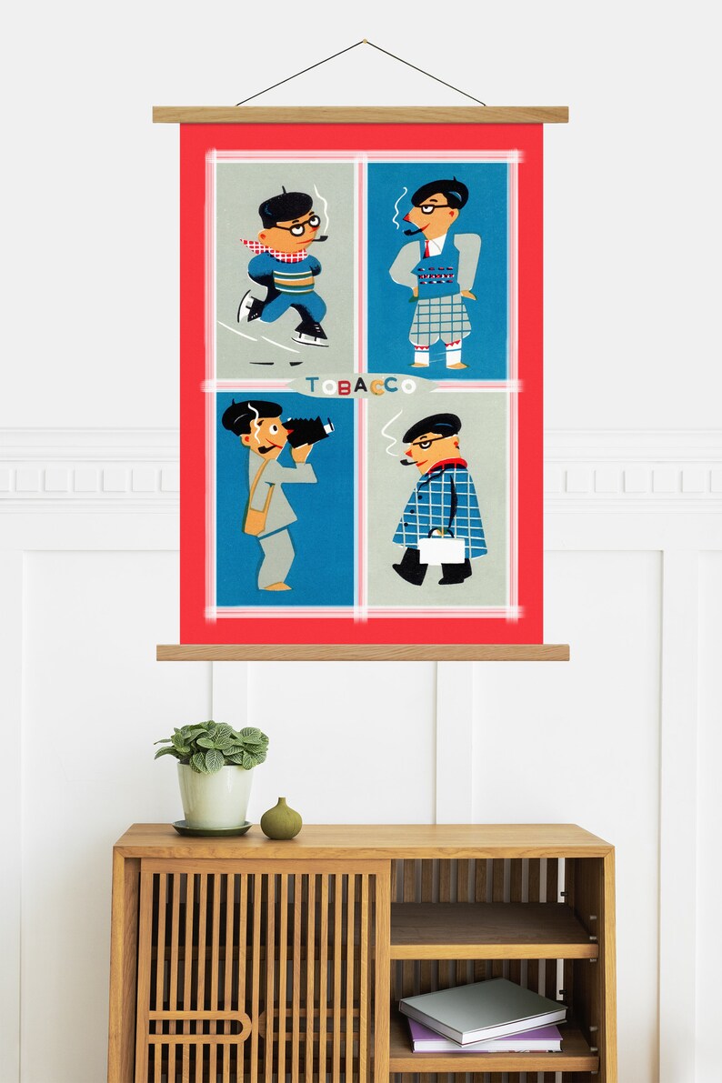 Mid Century Modern Print Pipe Smoker Tobacco Gift Canvas Banner Retro Wall Art Canvas Oak Wooden Poster Hanger Frame 1950s Illustration
