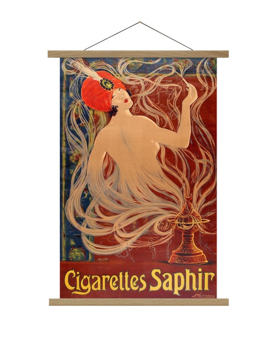 Psychedelic Trippy Smoker Stoner Gift, Canvas Print, Art Deco Cigarette Ad,  Genie, Hookah, Retro 1910s Wall Art, French, Oak Wood Hanger