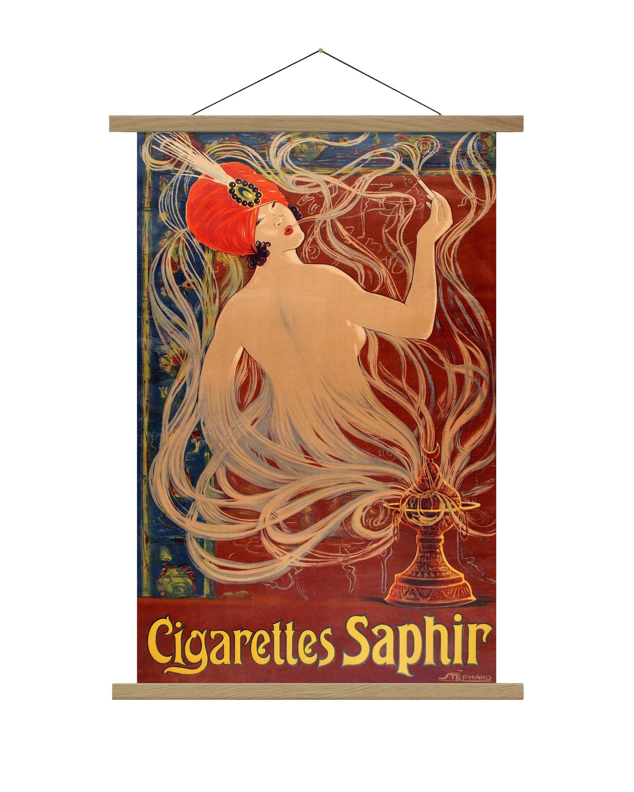 Psychedelic Trippy Smoker Stoner Gift, Canvas Print, Art Deco Cigarette Ad,  Genie, Hookah, Retro 1910s Wall Art, French, Oak Wood Hanger