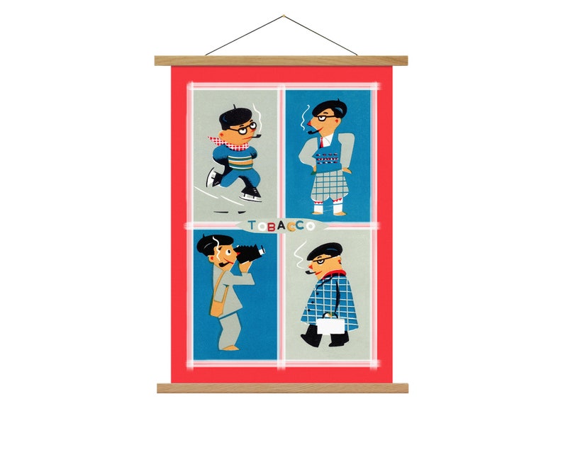 Mid Century Modern Print Pipe Smoker Tobacco Gift Canvas Banner Retro Wall Art Canvas Oak Wooden Poster Hanger Frame 1950s Illustration