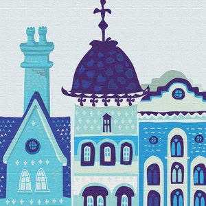 May include: A digital illustration of three blue and purple buildings with white accents. The buildings have windows and doors, and the tallest building has a dome-shaped roof.