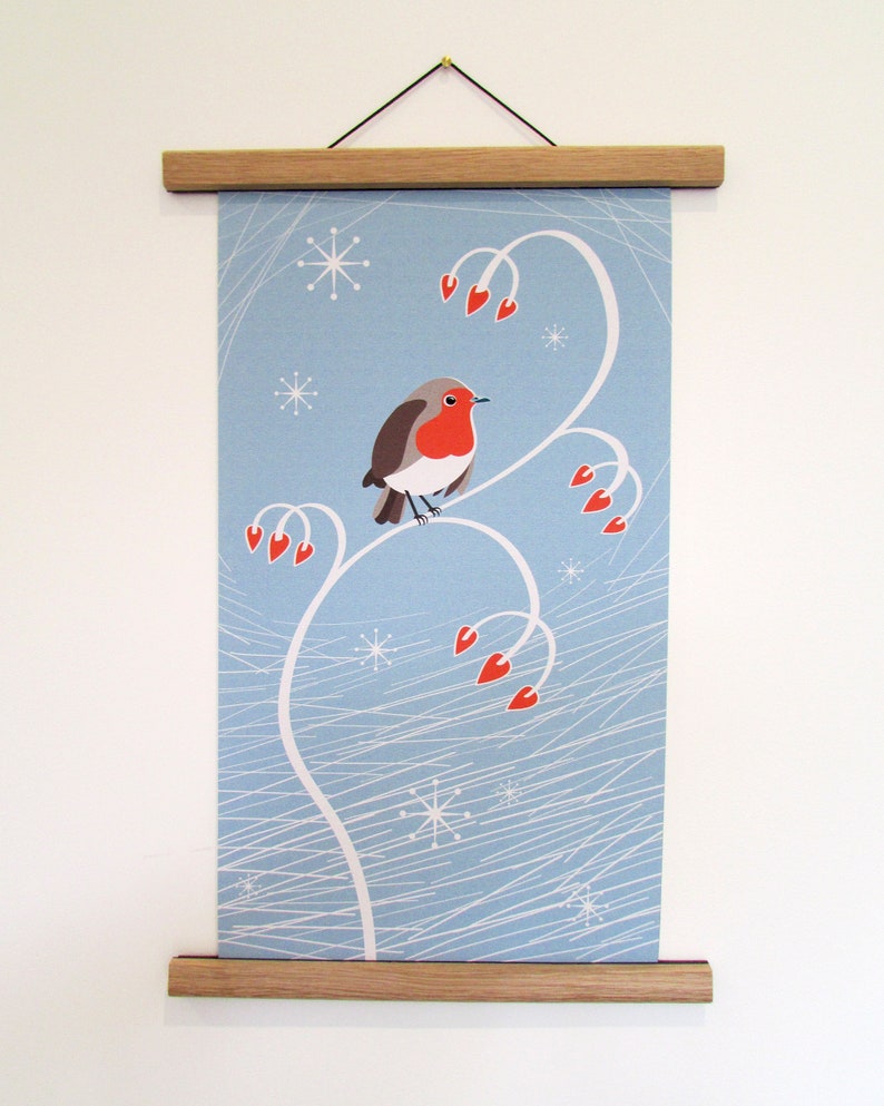 Mid Century Modern Print, Robin Christmas Decoration Gift, Canvas Wall Art, Retro 1950s style, Wooden Poster Hanging Frame, Oak Hanger Kit image 4