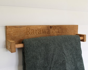 Personalsied towel rail, country farmhouse style in solid oak. Engraved and cut to size. Bespoke options. Hand towel.