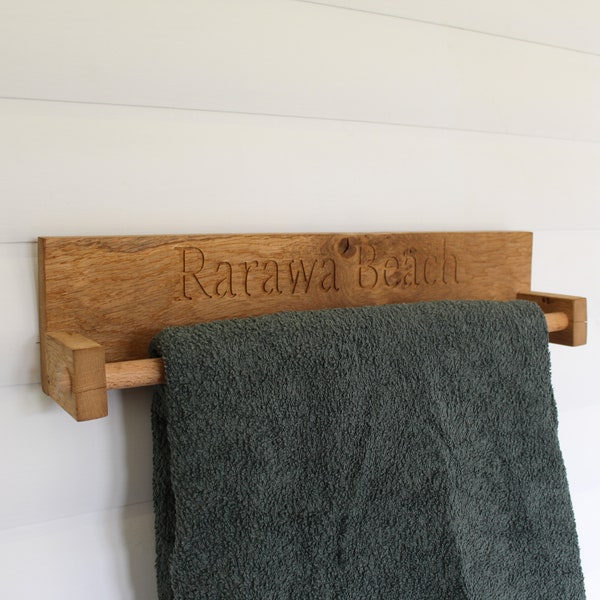 Personalsied towel rail, country farmhouse style in solid oak. Engraved and cut to size. Bespoke options. Hand towel.