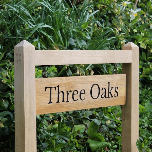 Engraved Oak Swinging Sign: Personalized Outdoor Address Plaque