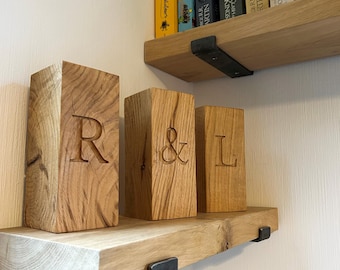 Personalized Oak Bookends: Engraved Rustic Wood Book Ends, Handmade in UK