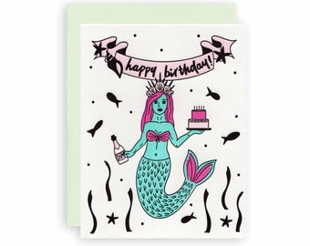 Mermaid Party - Letterpress Birthday Card