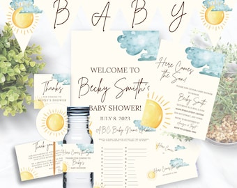 Here Comes the Sun Baby Shower Invite Bundle, Sunshine Baby Template, Sun Sprinkle, Here Comes the Son, Boho, Budget Baby Shower Invitations
