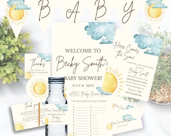 Bundle d'invitations pour baby shower Here Comes the Sun, modèle bébé soleil, goutte de soleil, voici le fils, bohème, faire-parts baby shower budget