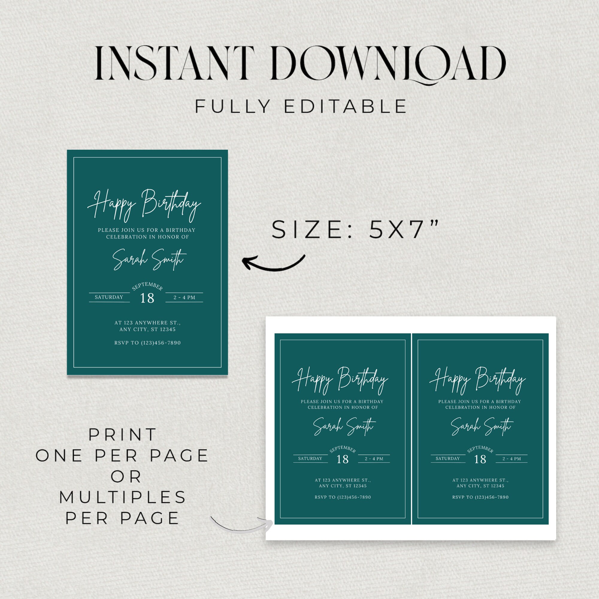 Solid Color Birthday Invitations, Simple Bday Invites, Dark Green ...