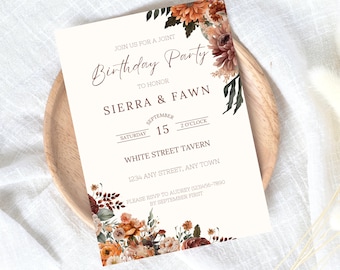 Joint Birthday Party Invitation for Adults, Floral Party Invite, Adult Text Bday Invitations, Canva Template, Editable, Printable, Instant
