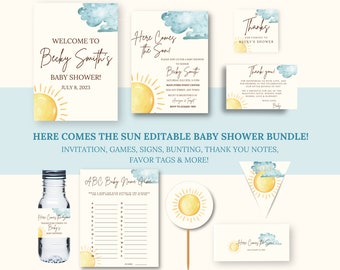 Here Comes the Sun Baby Shower Invite Bundle, Sunshine Baby Shower Template, Sun Sprinkle, Here Comes the Son, Boho Baby Shower, Baby Boy