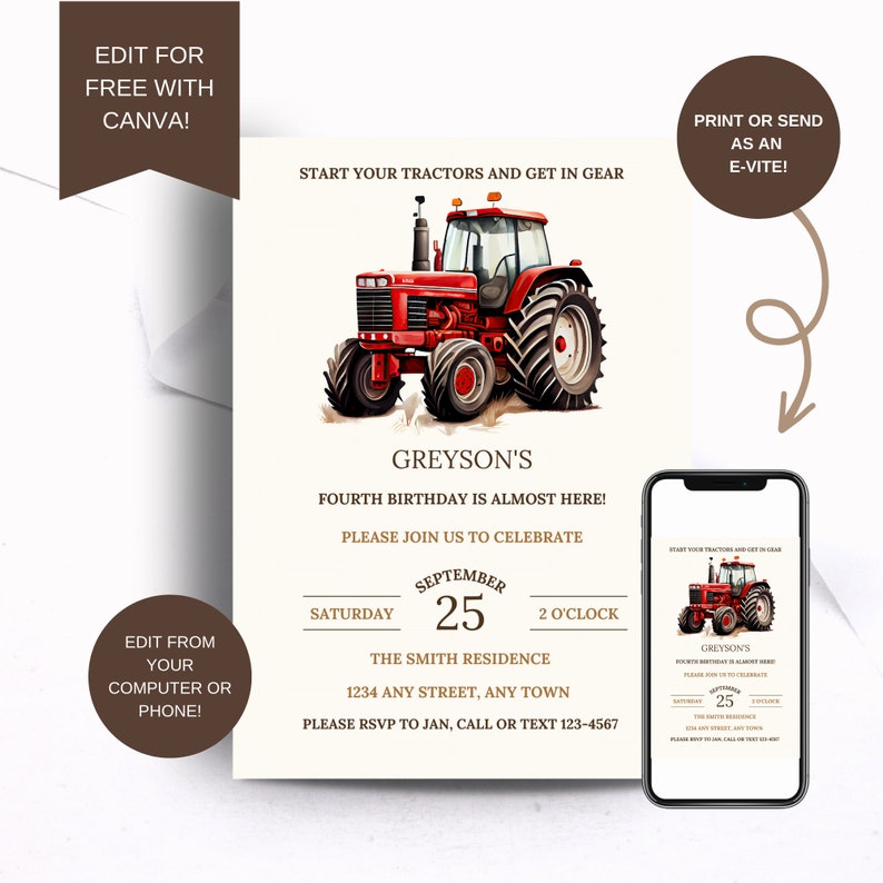 Puede incluir: Un tractor rojo con una invitaci&oacute;n de cumplea&ntilde;os para el cuarto cumplea&ntilde;os de Greyson. La invitaci&oacute;n es para el s&aacute;bado 25 de septiembre a las 2 de la tarde en The Smith Residence. La direcci&oacute;n es 1234 Any Street, Any Town. Por favor, confirma tu asistencia a Jan, llama o env&iacute;a un mensaje de texto al 123-4567.