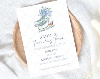 May include: A blue and white birthday invitation with a watercolor illustration of ice skates and flowers. The text reads "Sadie's turning ten! Come celebrate with us. April 15th, 2-4 PM, Midtown Ice Rink, 1234 Any Street, Any Town. Please RSVP to Audrey (123)456-7890."