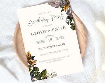Birthday Invitation Text for Adults, Adult Birthday Party Invitation, Floral Party Invite, Minimal Printable Editable Womens bday Canva