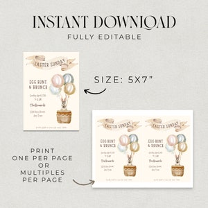 May include: Printable 5x7 inch invitation for an Easter egg hunt and brunch. The invitation features a watercolor illustration of a bunny rabbit in a basket with balloons. The text reads "Easter Sunday, Egg Hunt & Brunch, Sunday April 17th, 9-11 AM, The Howards, 1234 Any Street, Any Town".